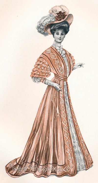 Een catalogusillustratie van een Edwardiaanse dame, ca. 1908 door Andre and Sleigh