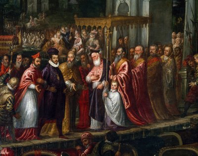 Doge Mocenigo en Patriarch Trevisan verwelkomen Hendrik III op de Lido in 1574 door Andrea Vicentino