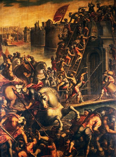 Doge van Venetië Enrico Dandolo en zijn kruisvaarders bestormen de stad Zadar in 1202, door Andrea Michieli, Vierde Kruistocht, Kroatië door Andrea (c.1542 c.1617) Michieli