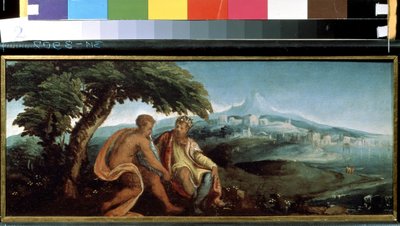 Koning Midas en Pan. Schilderij van Andrea Schiavone. Olie op doek door Andrea Schiavone