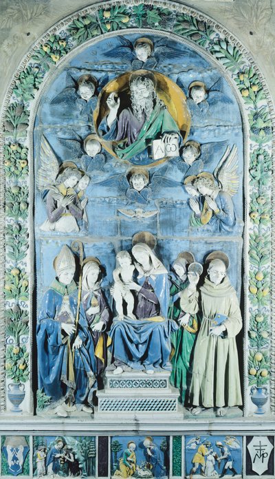 Madonna en Kind met vier heiligen, in Italië, Arezzo, Kathedraal door Andrea (workshop of) Della Robbia