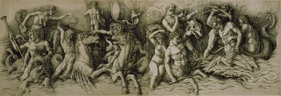 Slag van de Zeegoden (pen & bruine inkt op papier) door Andrea (workshop of) Mantegna