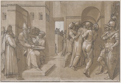 Christus wordt weggeleid, soldaten staan aan de rechterkant van het blad, 1585 door Andrea Andreani