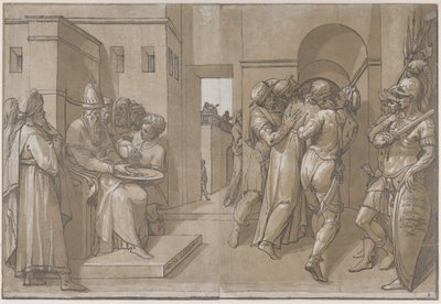 Pilatus wast zijn handen aan de linkerkant van het blad, 1585 door Andrea Andreani