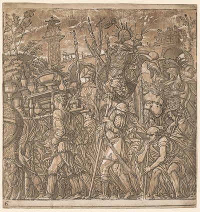 De Triomf van Julius Caesar: Soldaten die Vazen en Oorlogstrofeeën Dragen door Andrea Andreani