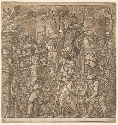 De triomf van Julius Caesar: Soldaten dragen vazen en oorlogstrofeeën door Andrea Andreani