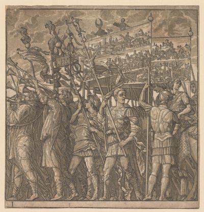 De triomf van Julius Caesar: Soldaten dragen de afbeeldingen van oorlog, 1593-99 door Andrea Andreani