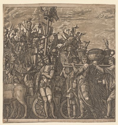 De triomf van Julius Caesar: Soldaten marcheren met oorlogstrofeeën door Andrea Andreani