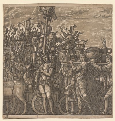 De Triomf van Julius Caesar: Soldaten Marcheren met Oorlogstrofeeën door Andrea Andreani