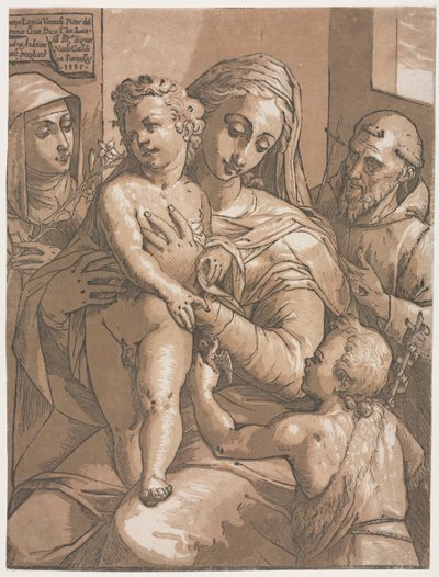 Maagd en Kind met St. Johannes, St. Catharina van Siena en St. Franciscus door Andrea Andreani