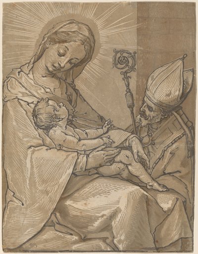 Madonna en kind met een bisschop door Andrea Andreani after Alessandro Casolani