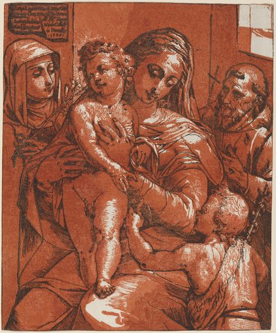 Madonna en kind vergezeld door heiligen door Andrea Andreani after Jacopo Ligozzi