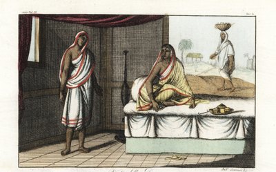 Verschillende soorten sari en kleding gedragen door Indiase vrouwen. Vrouw van aanzien in sari en sluier zittend op sofa, en vrouw van lagere rang in korte sari. Handgekleurde koperplaat getekend en gegraveerd door Andrea Bernieri naar Francois Solvyns van door Andrea Bernieri