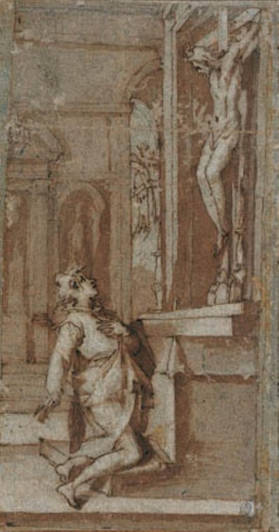 Christus aan het kruis in San Miniato buigt zijn hoofd naar St. Johannes Gualberto door Andrea Boscoli