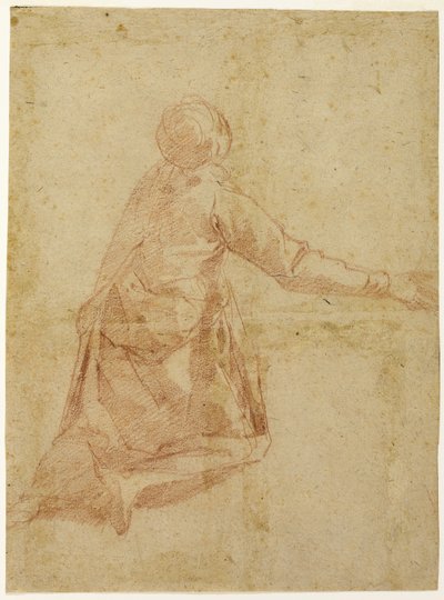 Knielende figuur van achteren (recto); Drie halve studies van gesluierde vrouwelijke figuur (verso) door Andrea Boscoli
