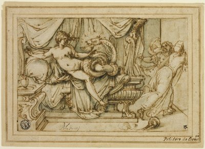 Olympias, moeder van Alexander, bezocht door Zeus in de gedaante van een slang door Andrea Boscoli