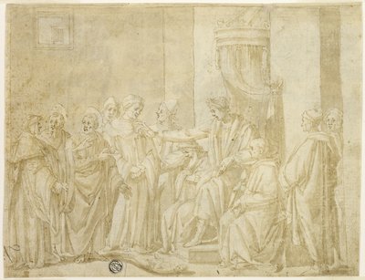 Heiligen Petrus en Paulus discussiëren met Simon Magus voor Nero (recto); Vijf scènes uit het verhaal van Mozes (verso) door Andrea Boscoli