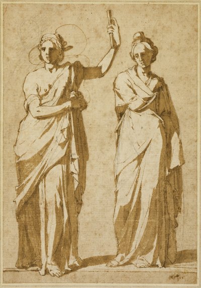 Twee staande vrouwenfiguren (Studies naar klassieke beeldhouwkunst) door Andrea Boscoli