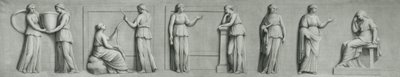 Een grisaille paneel met vrouwelijke figuren, waaronder muzen door Andrea Casali
