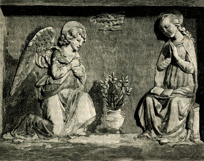 Aankondiging, door Andrea Della Robbia, oratorium van de Madonna del Buon Consiglio, Prato, Toscane, Italië, houtsnede uit Le cento citta d