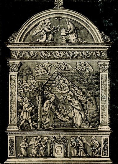 Geboorte, terracotta altaarstuk door Andrea della Robbia, uit de kerk van Sint Clara, Civiek Museum van Sansepolcro, Toscane, Italië, houtsnede uit Le cento citta d