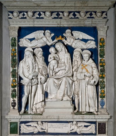 De Maagd van de Toevlucht De Maagd Maria en het Kind Jezus omringd door Sint Onuphre de Anachoreet, Sint Antonius de Grote, Sint Maria Magdalena en Sint Franciscus door Andrea Della Robbia