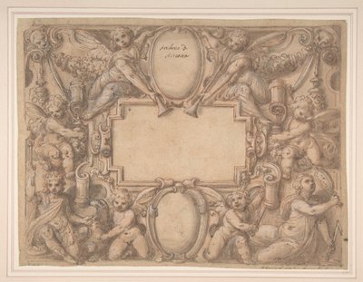 Een cartouche en twee schilden omringd door allegorische figuren, 1570-1631 door Andrea Lilli