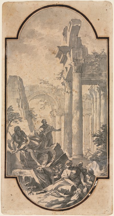 Figuren Bij de Ruïnes van een Korinthische Tempel (recto) door Andrea Locatelli