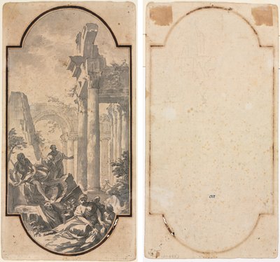 Figuren Bij de Ruïnes van een Korinthische Tempel (recto); Fragment van een Boog (tracering van recto) (verso) door Andrea Locatelli