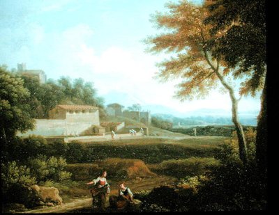 Landschap met figuren in rust met een stad op de achtergrond door Andrea Locatelli