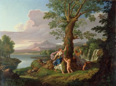 Rivierlandschap met een nimf die een tak van een bloedende boom plukt door Andrea Locatelli
