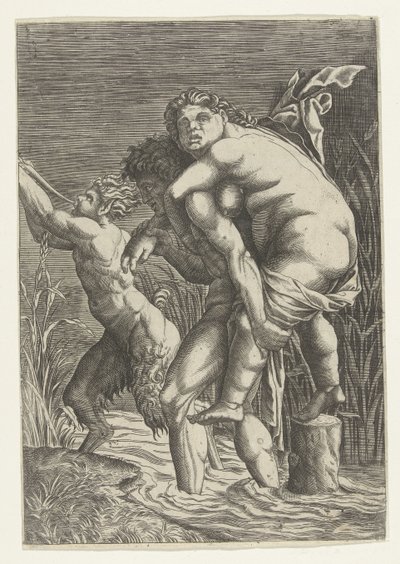 Man draagt vrouw op zijn rug en een satyr door Andrea Mantegna (school of)