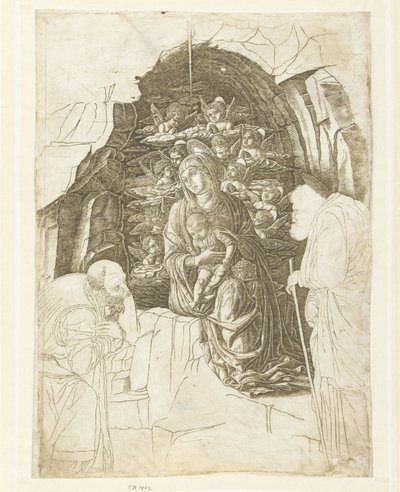 Maria met kind omgeven door engelen in grot met Jozef en koning in aanbidding door Andrea Mantegna (school of)