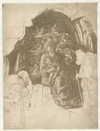 Maria met kind omgeven door engelen in grot met Jozef en koning in aanbidding door Andrea Mantegna (school of)