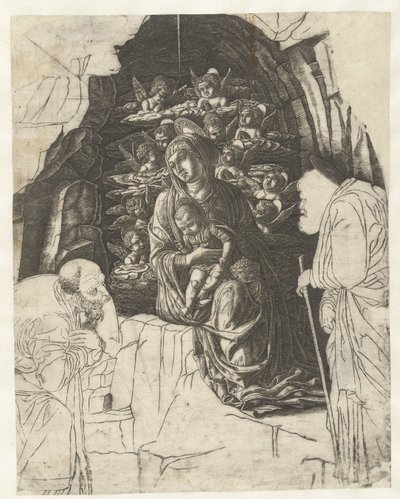 Maria met kind omgeven door engelen in grot met Jozef en koning in aanbidding door Andrea Mantegna (school of)