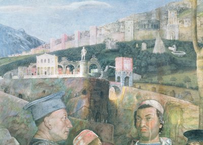 Aankomst van Kardinaal Francesco Gonzaga; detail van de achtergrond met een geïdealiseerd uitzicht op Rome door Andrea Mantegna