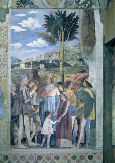 Aankomst van Kardinaal Francesco Gonzaga, begroet door zijn vader Marchese Ludovico Gonzaga III en zijn broers (detail) door Andrea Mantegna