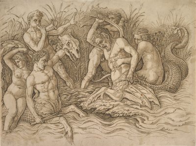 Slag van de zeegoden rechterhelft, ca. 1485-88 door Andrea Mantegna