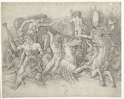 Gevecht tussen satyrs rijdend op hippocampussen en oude vrouw als personificatie van afgunst staand op rug van draak door Andrea Mantegna