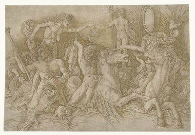 Gevecht tussen satyrs rijdend op hippocampussen en oude vrouw als personificatie van afgunst staand op rug van draak door Andrea Mantegna