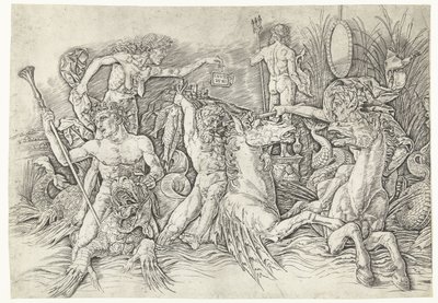Gevecht tussen satyrs rijdend op hippocampussen en oude vrouw als personificatie van afgunst staand op rug van draak door Andrea Mantegna
