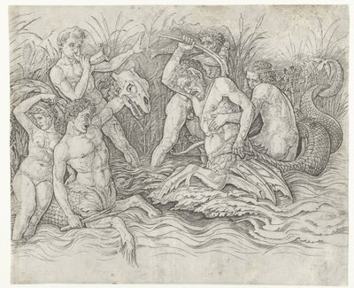 Gevecht tussen tritons met nereïden op hun rug door Andrea Mantegna