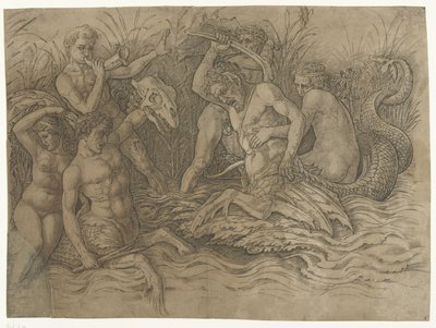 Gevecht tussen tritons met nereïden op hun rug door Andrea Mantegna