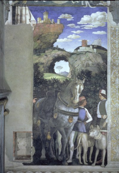 Paard en stalknecht met jachthonden (detail) door Andrea Mantegna