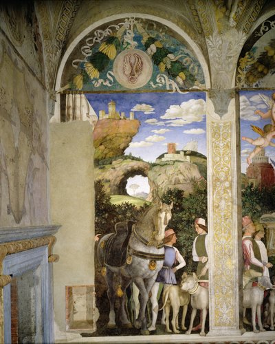 Paard en stalknecht met jachthonden, uit de Camera degli Sposi of Camera Picta, 1465-74 (detail) door Andrea Mantegna