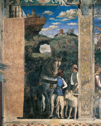Paard, mastiffs en stalknechten van graaf Ludovico Gonzaga (detail) door Andrea Mantegna