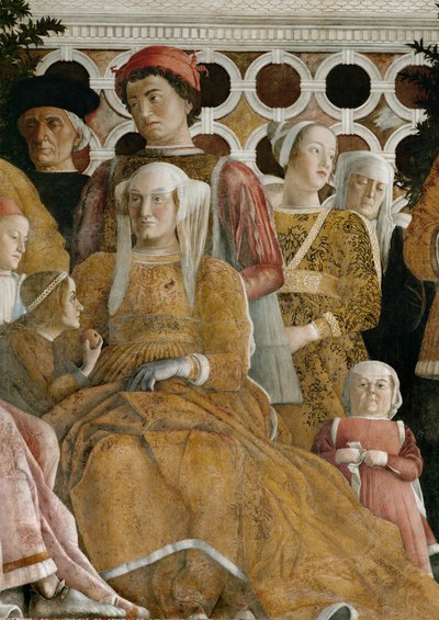 Lodovico Gonzaga en familie, Barbara van Brandenburg en twee kinderen (fresco) door Andrea Mantegna