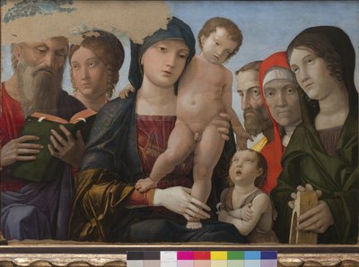 Madonna en Kind, Sint Johannes, Sint Catharina van Alexandrië en andere heiligen door Andrea Mantegna