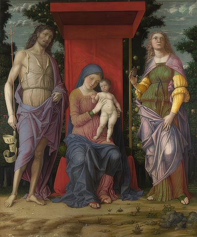 Madonna met kind, Johannes de Doper en Maria Magdalena. Waarschijnlijk 1490-1505 door Andrea Mantegna