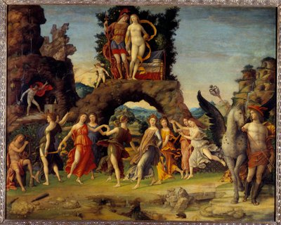 Mars en Venus of De Parnassus. Schilderij dat Mars en Venus op de rots, Pegasus en Mercurius, Apollo en de negen muzen Calliope (epische poëzie), Clio (geschiedenis), Erato (lyrische kunst), Euterpe (muziek), Melpomene (tragedie), Polymnia (retoriek), Terp door Andrea Mantegna
